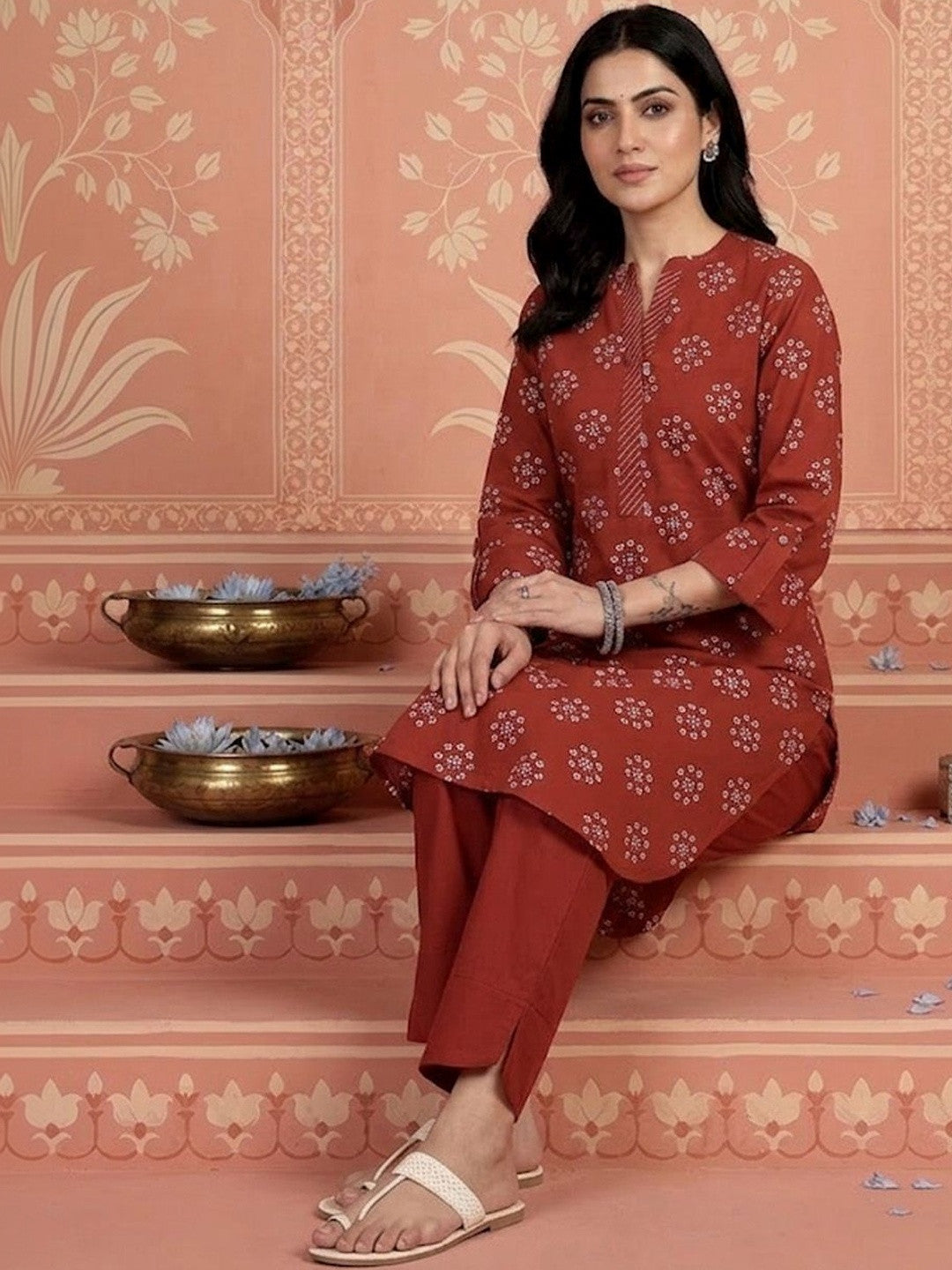 Printed Mandarin Collar Kurta & Trousers