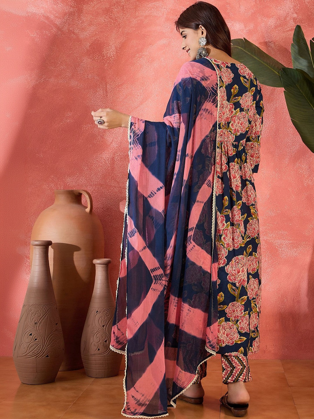 Printed Pure Cotton V-Neck A-Line Kurta & Trousers With Dupatta