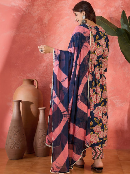 Printed Pure Cotton V-Neck A-Line Kurta & Trousers With Dupatta