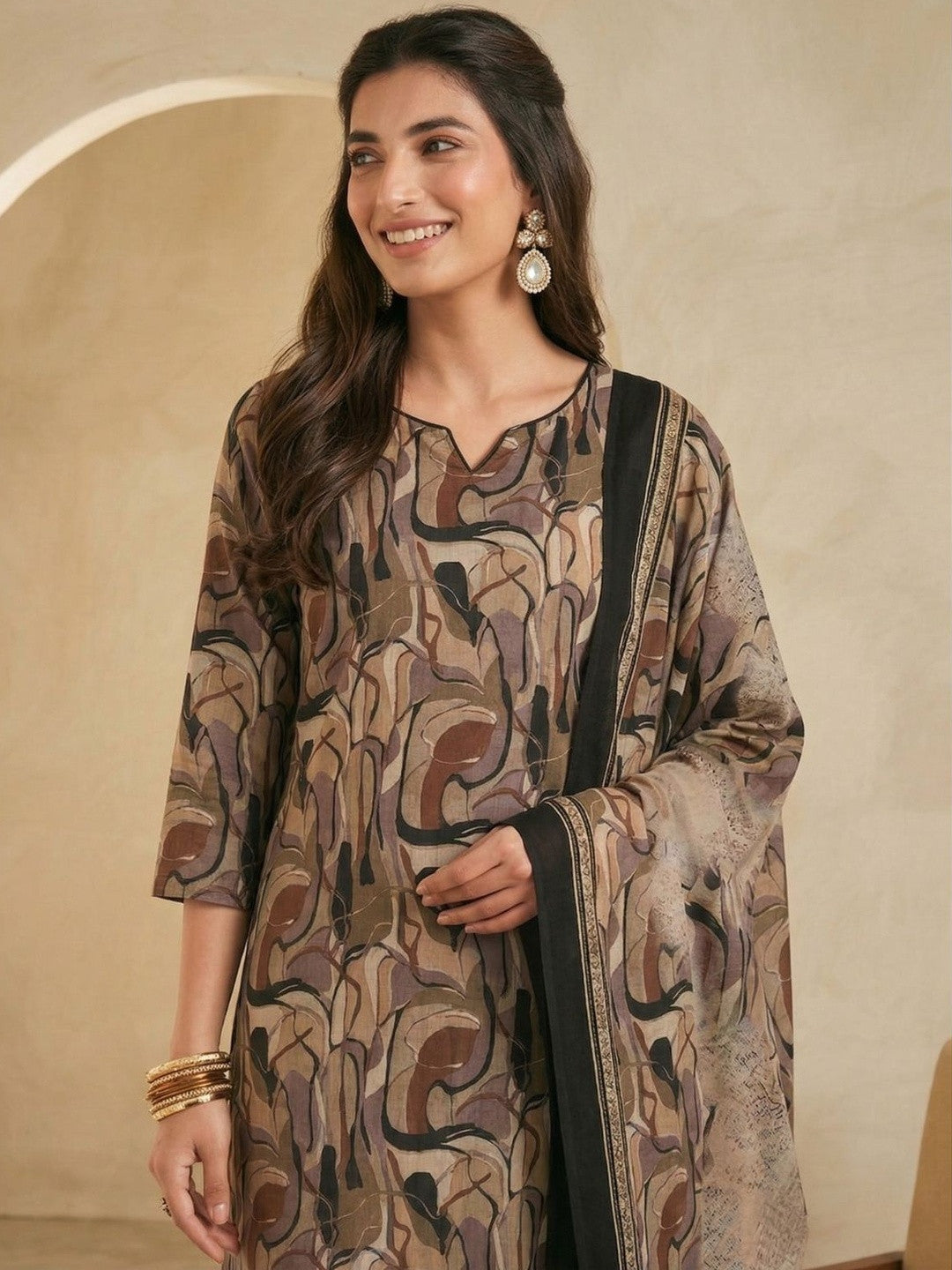 Printed Pure Cotton Notched Neck Kurta & Trousers With Dupatta