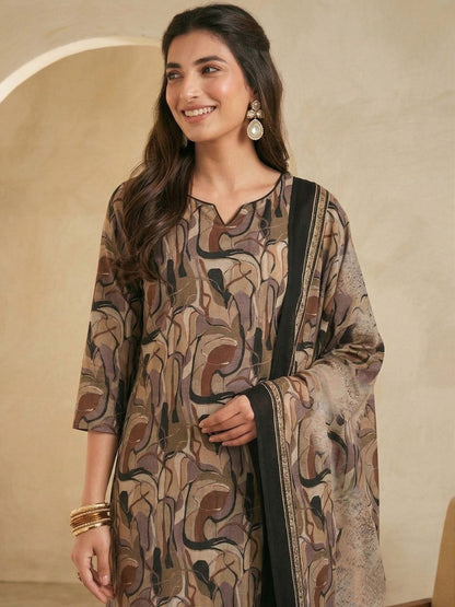 Printed Pure Cotton Notched Neck Kurta & Trousers With Dupatta