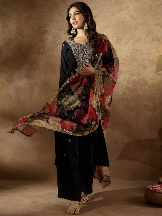 Dhiyona IE Women Ethnic Motifs Embroidered Regular Kurta with Trousers & With Dupatta