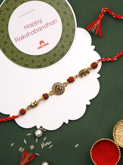 Dhiyona Stones Studded & Rudhraksh Beaded Rakhi With Roli Chawal & Greeting Card