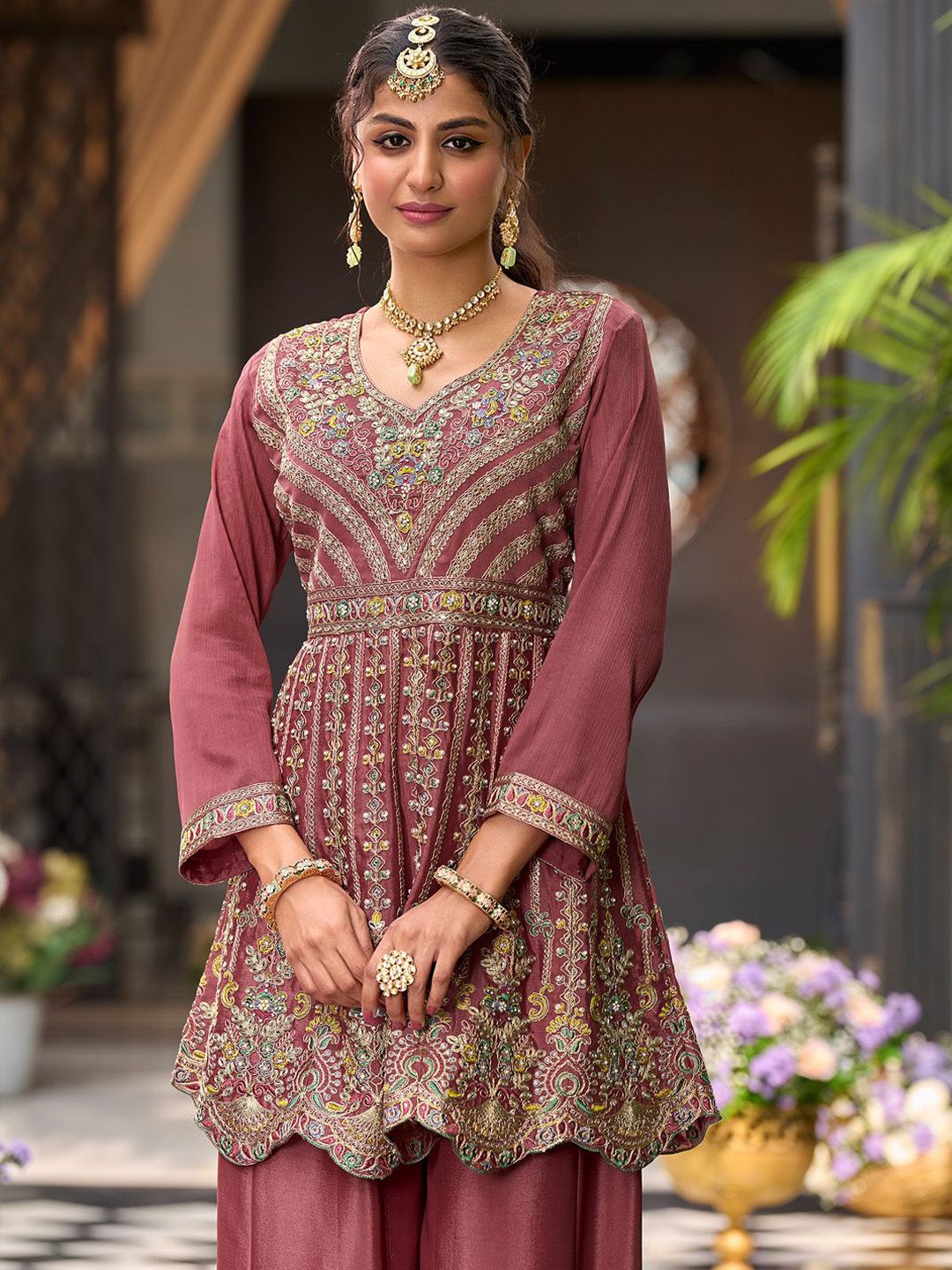 Dhiyona IE Floral Embroidered Sequinned Chinon A-Line Kurta With Palazzos & Dupatta