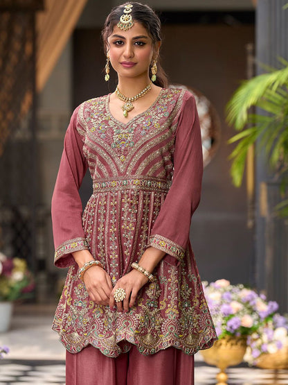 Dhiyona IE Floral Embroidered Sequinned Chinon A-Line Kurta With Palazzos & Dupatta