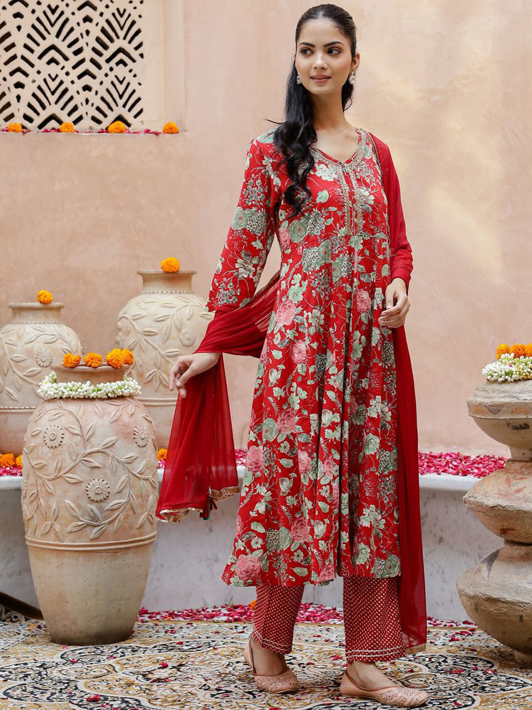 Floral Printed Beads & Stones Anarkali Kurta & Trouser With Dupatta