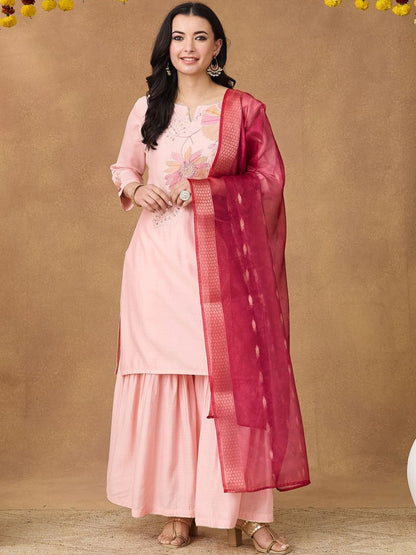 Embroidered Round Neck Kurta & Sharara With Dupatta