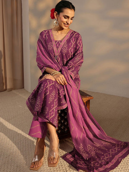 Purple Printed Cotton Straight Suit Set with Dupatta