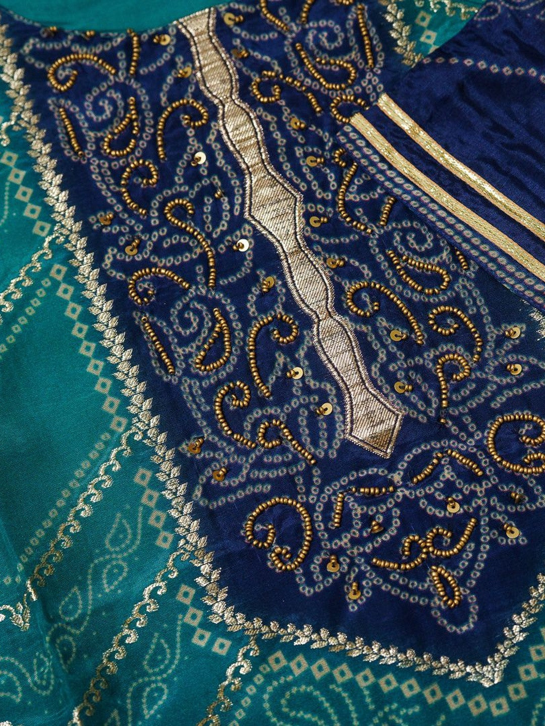 Geometric Printed Thread Work Straight Kurta with Trouser & Dupatta