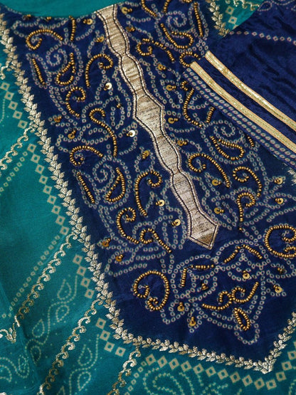 Geometric Printed Thread Work Straight Kurta with Trouser & Dupatta