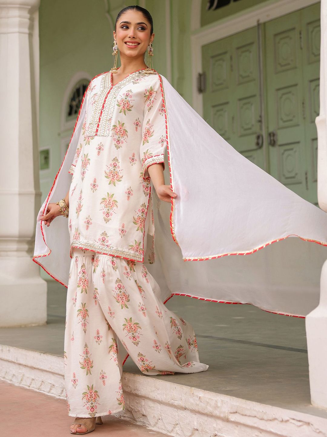 Dhiyona SC Floral Printed Gotta Patti Chanderi Silk Kurta With Sharara & Dupatta