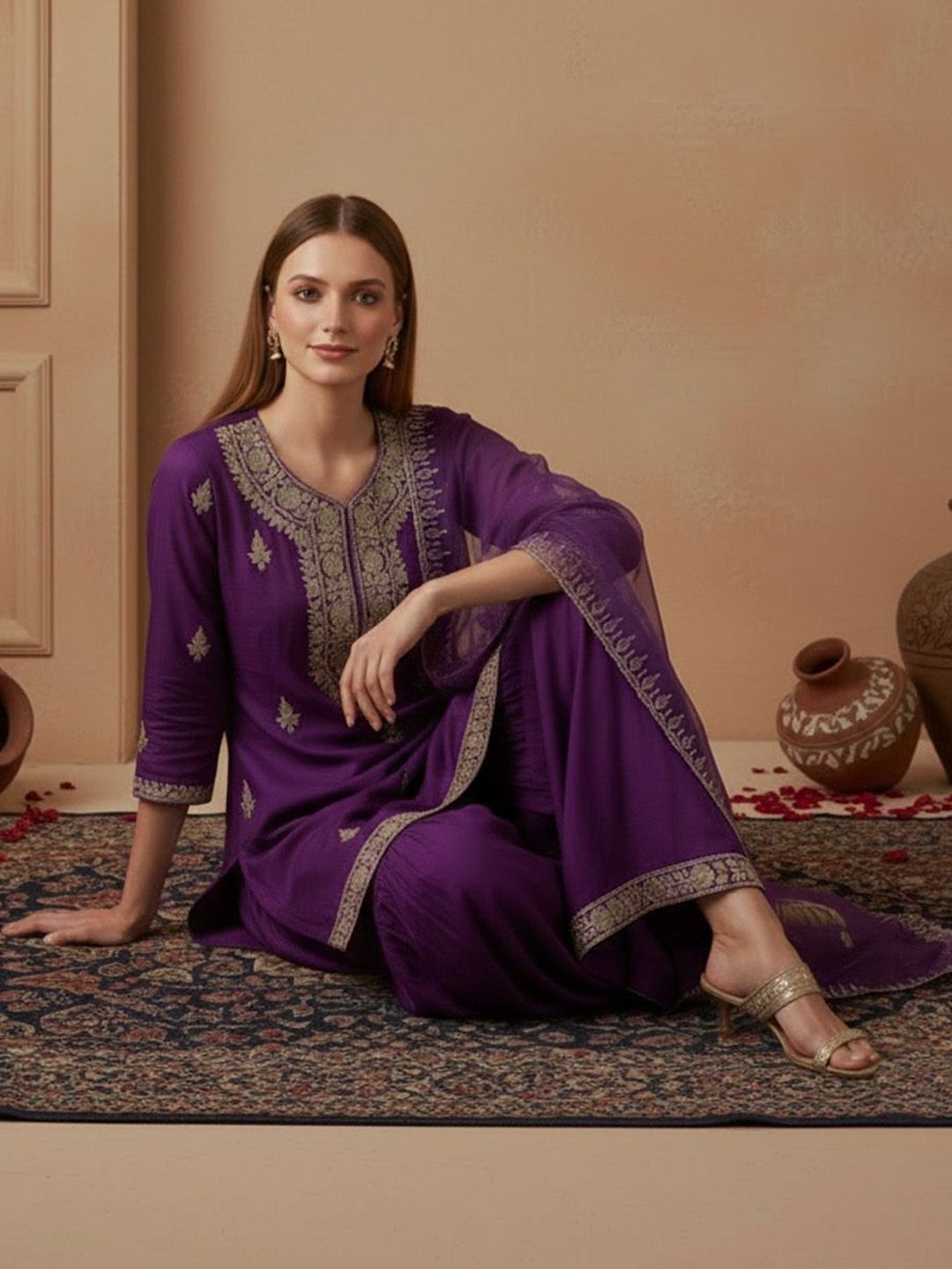 Dhiyona SN Embroidered Round Neck Kurta & Sharara Kurta Set