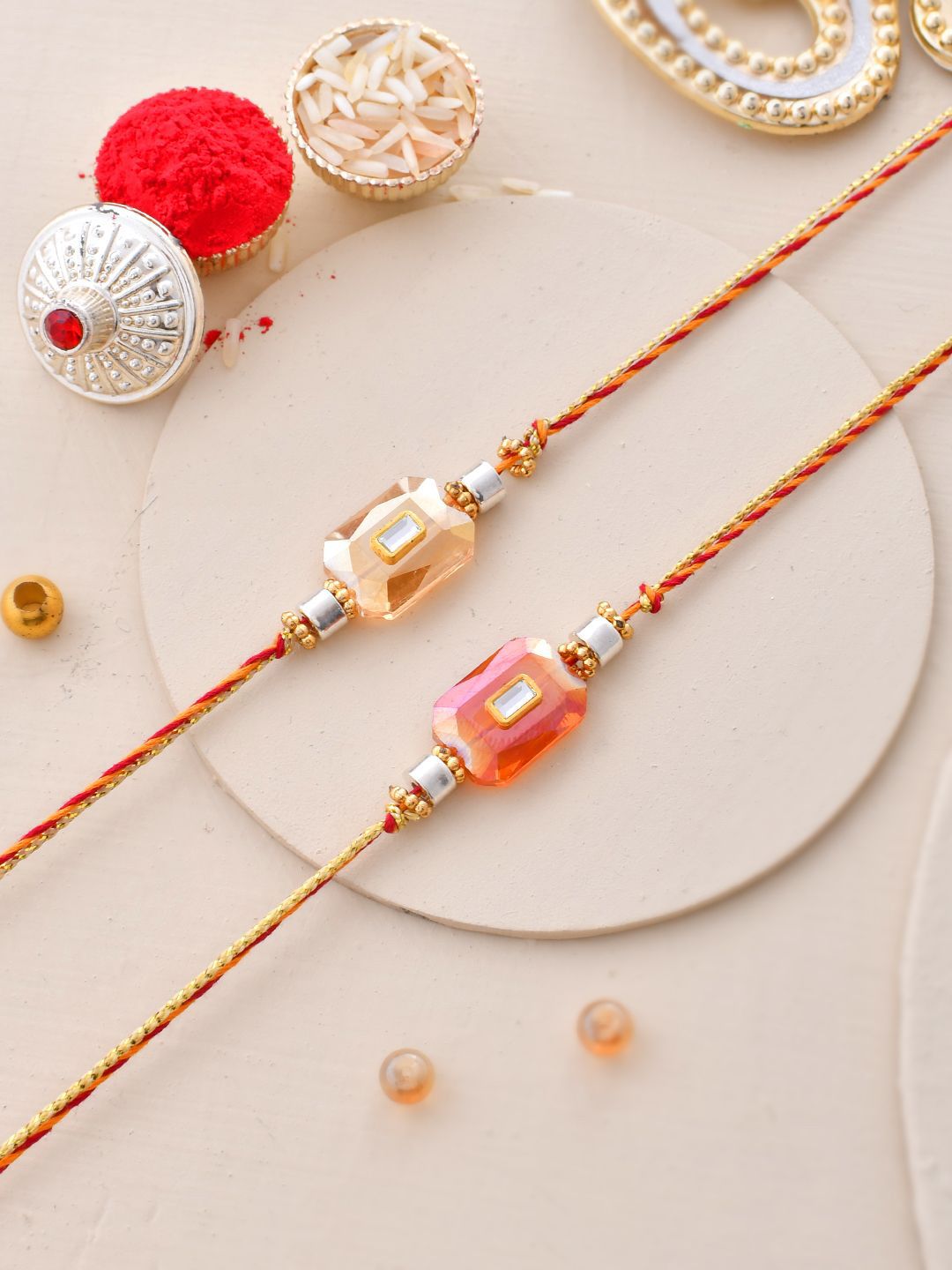 Dhiyona Set of 2 Red Kundan-Studded & Beaded Thread Rakhi