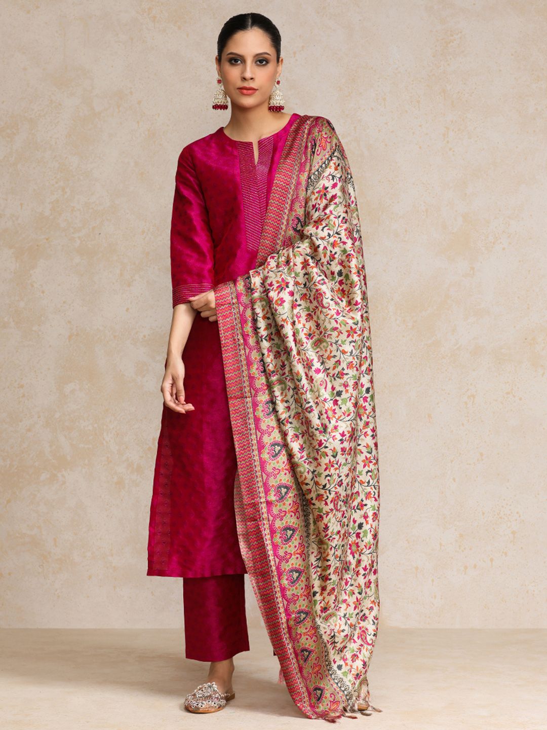 Pink Women Pink Zari Work textured Kurta with Trouser and Printed Dupatta