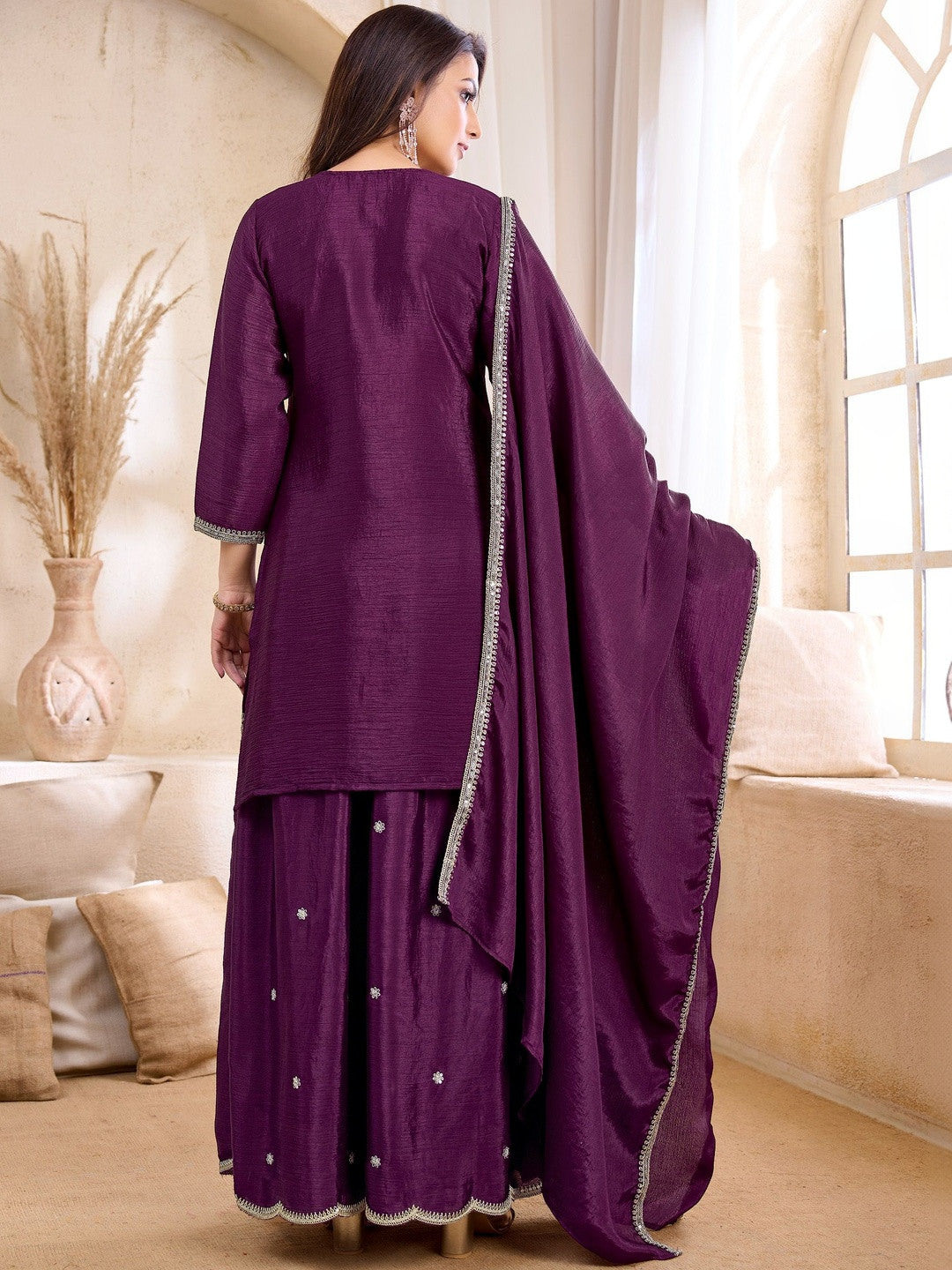 Embroidered Round Neck Kurta & Palazzos With Dupatta