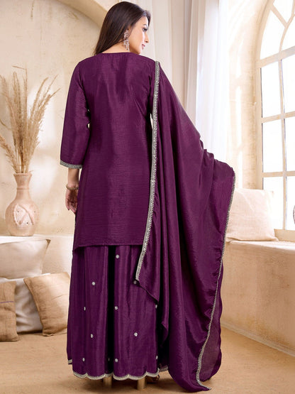 Embroidered Round Neck Kurta & Palazzos With Dupatta