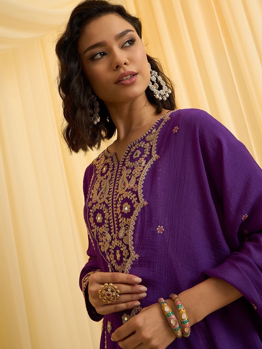 Dhiyona CH Women Ethnic Motifs Embroidered Regular Thread Work Kurta with Dhoti Pants & With Dupatta