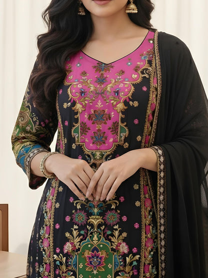 Dhiyona AN Women Ethnic Motifs Printed Panelled Gotta Patti Silk Crepe Kurta with Sharara & With Dupatta