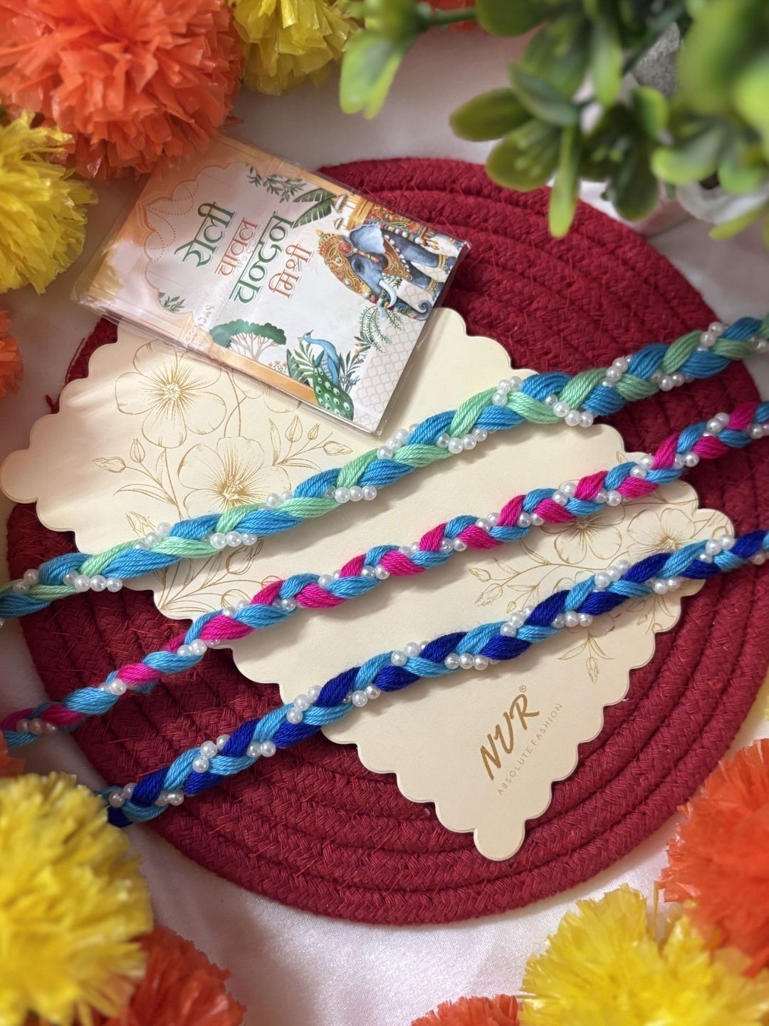 Dhiyona Set Of 3 Multicolor Thread Rakhi With Roli Chawal Chandan Mishri