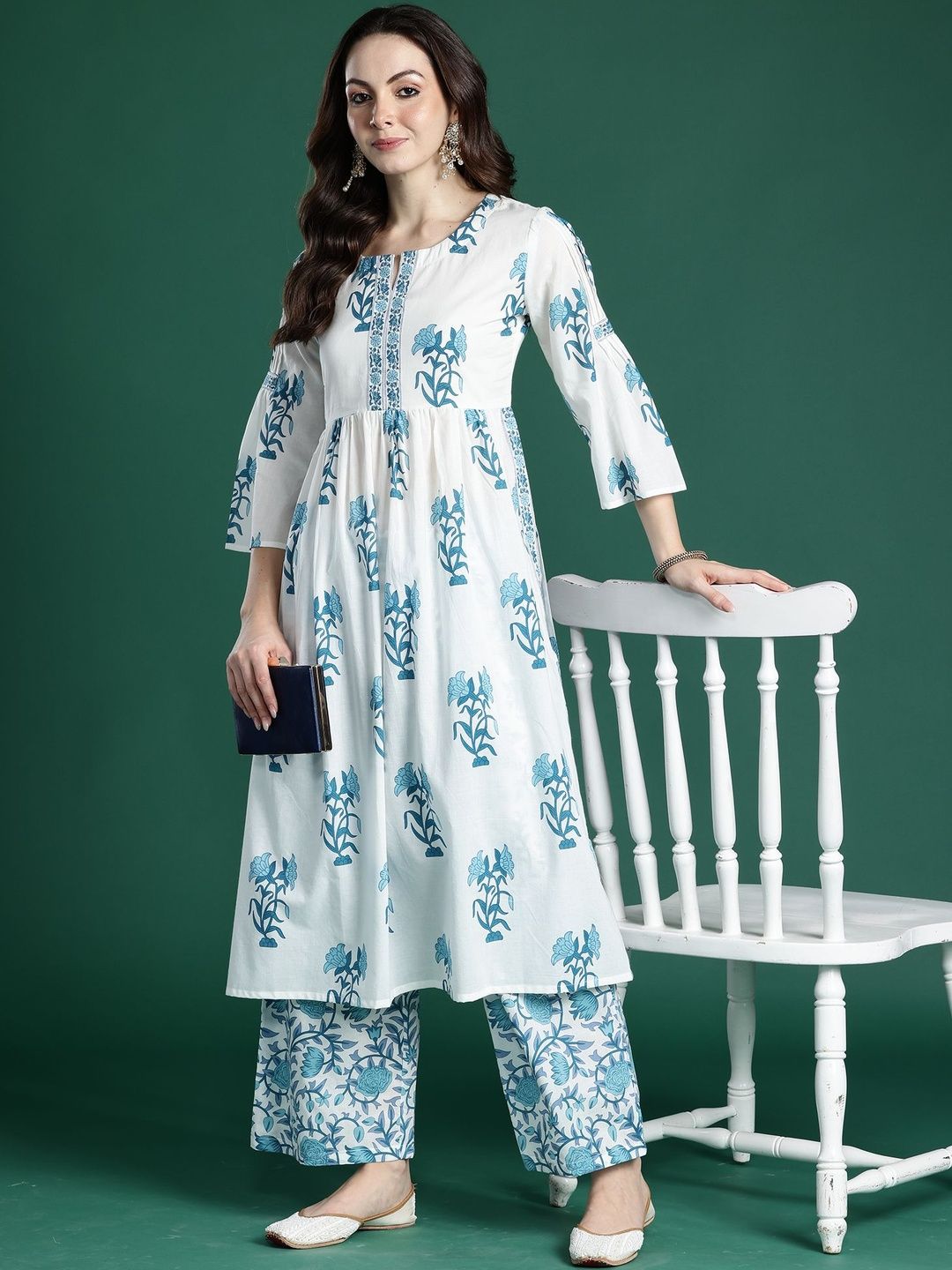 Dhiyona IE Women Floral Printed Cotton A-Line Kurta with Palazzos