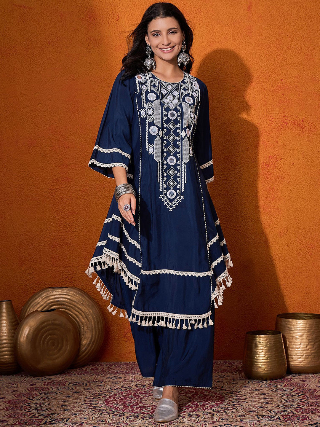 Dhiyona SN Floral Embroidered Mirror Work Regular A-Line Kurta Sets