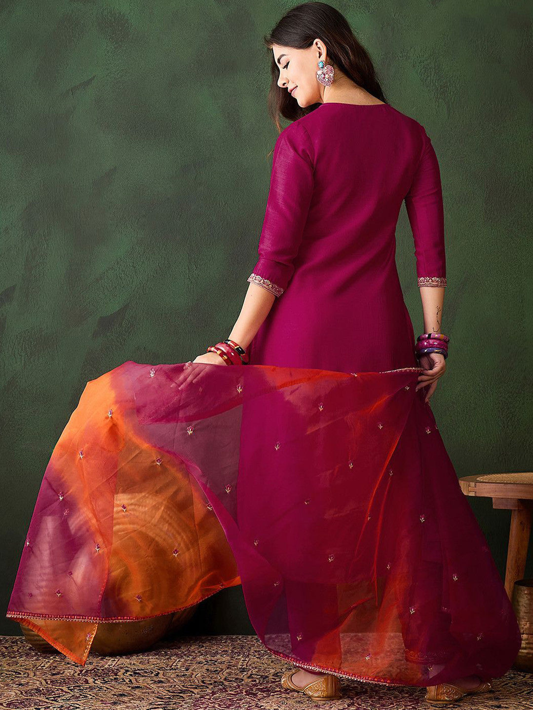 Floral Embroidered Zari A Line Kurta With Trousers