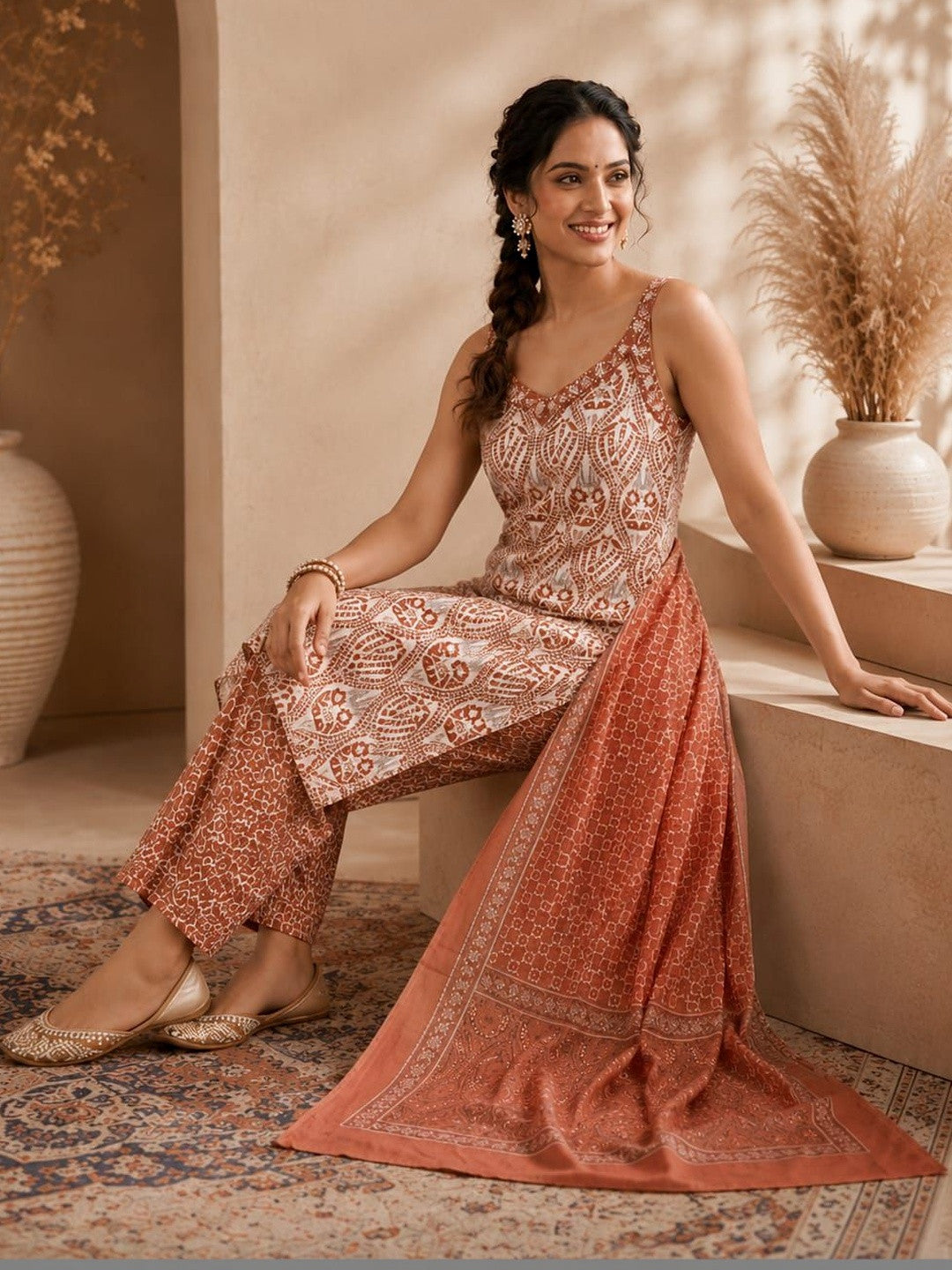 Women Ethnic Motifs Printed Regular Pure Cotton Kurta with Trousers & With Dupatta