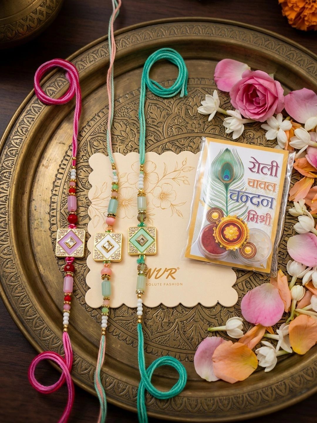 Dhiyona Set Of 3 Multicolor Ad Thread Rakhi With Roli Chawal Chandan Mishri