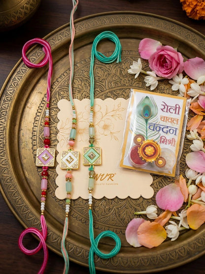 Dhiyona Set Of 3 Multicolor Ad Thread Rakhi With Roli Chawal Chandan Mishri