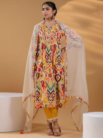 Dhiyona RR Women's Ethnic Motifs Printed Pure Cotton Straigt Kurta With Trousers & Dupatta