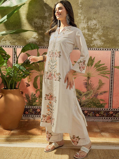Embroidered Off White Cotton Blend Kurta Set