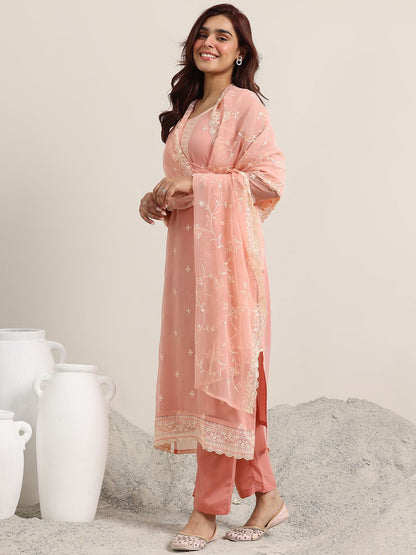 Dhiyona LL Ethnic Motifs Embroidered Round Neck Sequinned Kurta With Palazzos & Dupatta
