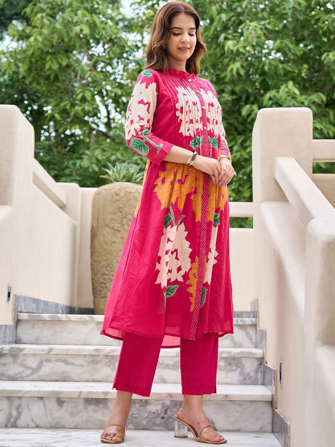 Dhiyona IE Floral Printed Pure Cotton Mandarin Collared Tunic With Trousers