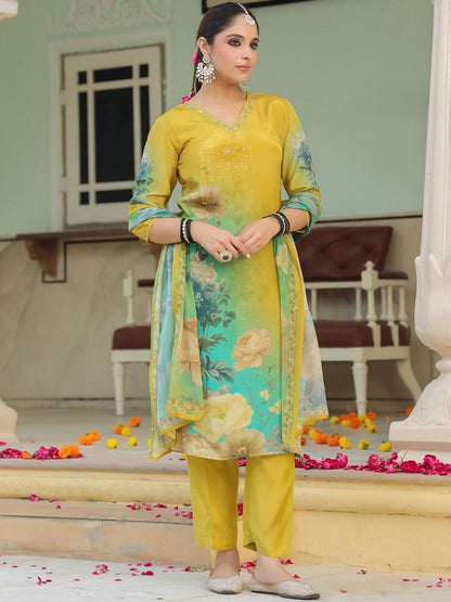 Dhiyona RR Women's Floral Printed Regular Kurta & Trousers With Dupatta