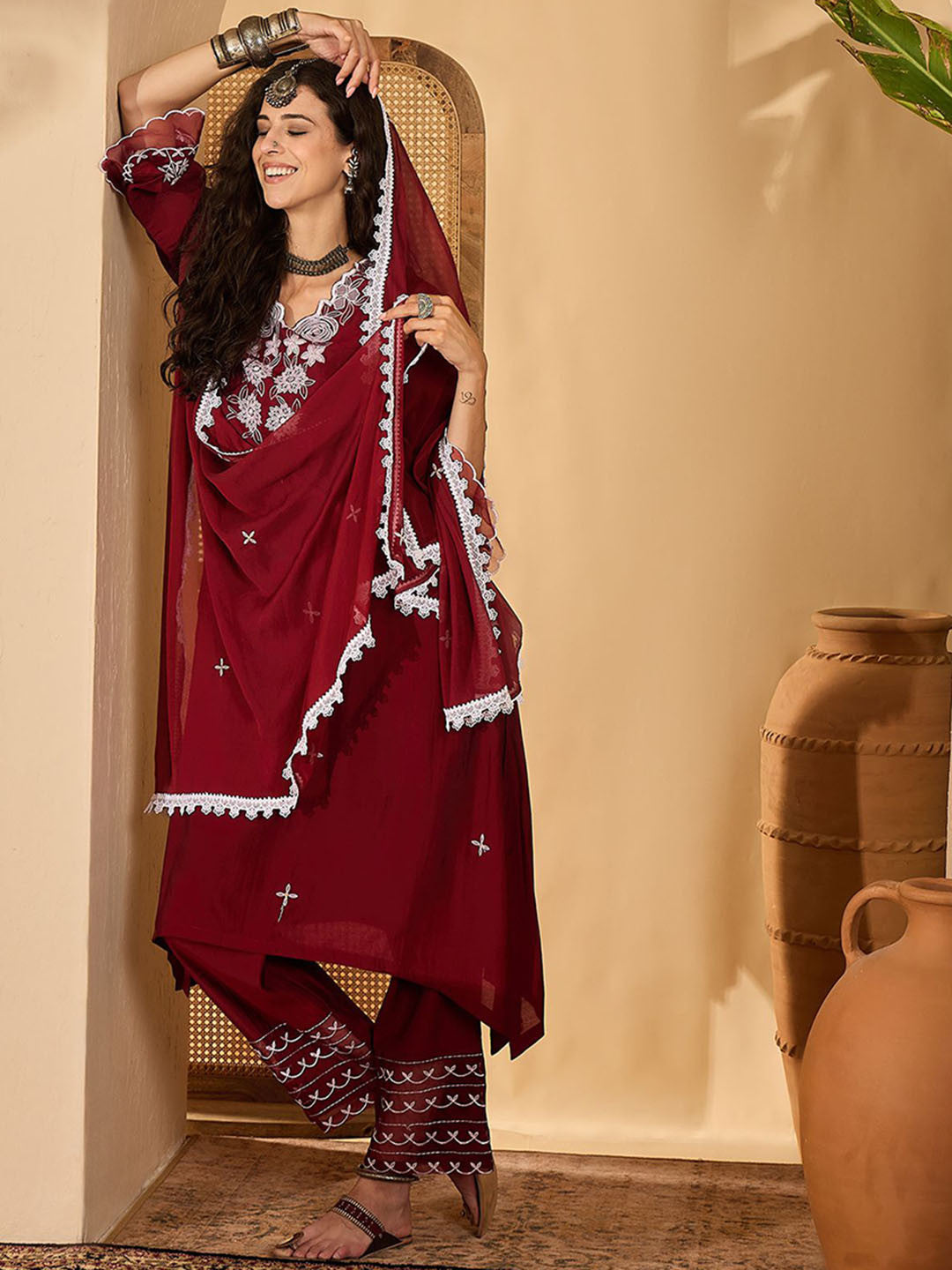 Women Woven Design Embroidered Kurta with Trousers & Dupatta