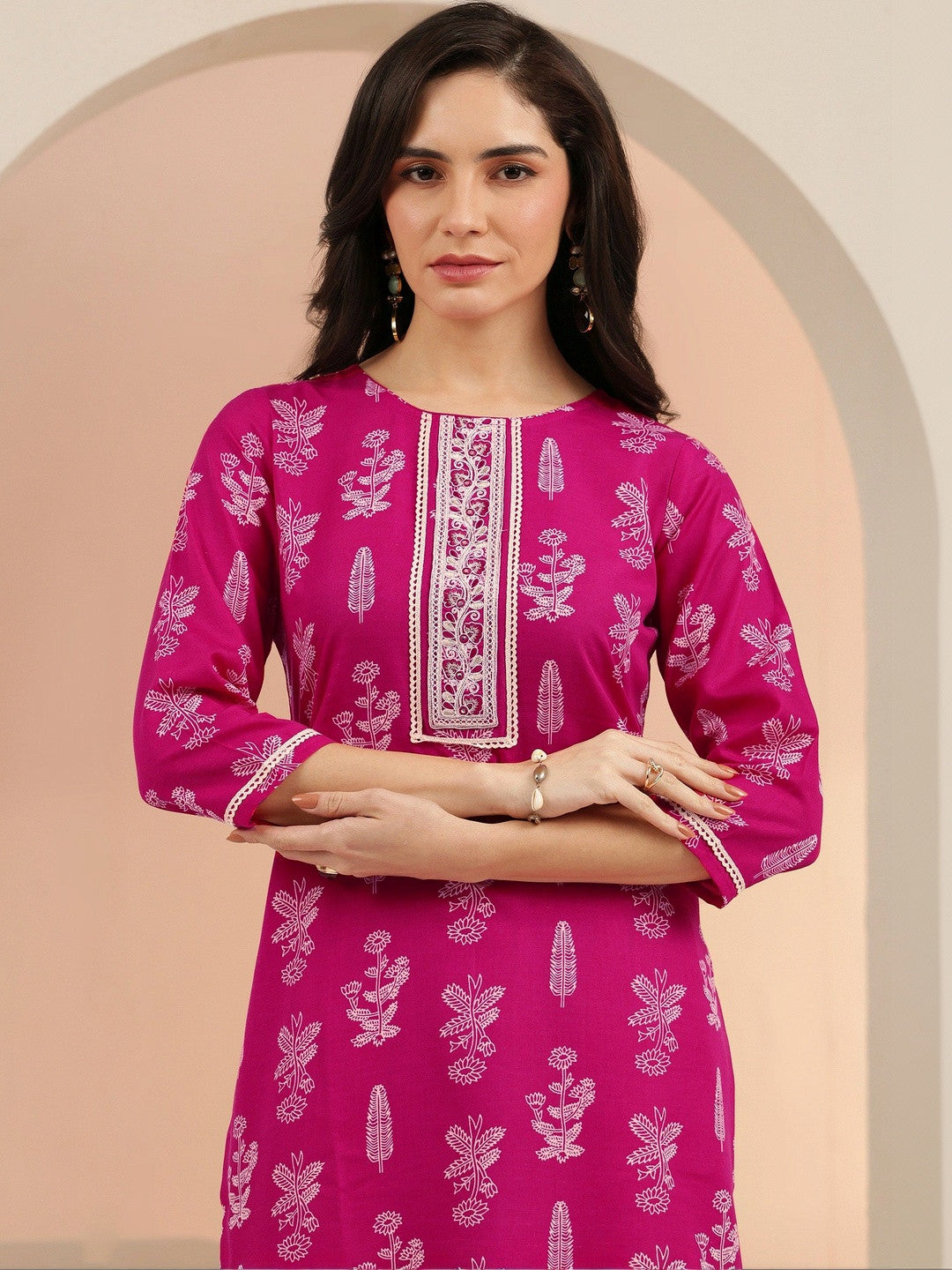 Rani Pink Floral Printed Cotton Blend Straight Suit Set