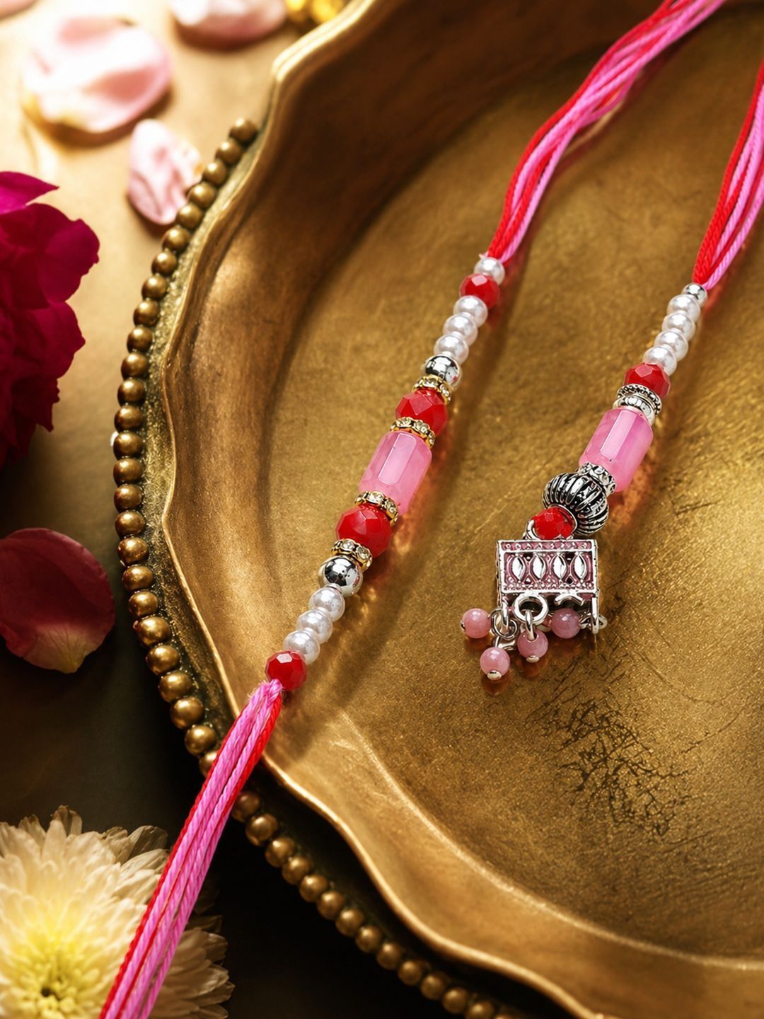 Dhiyona Set Of 2 Artificial Beads Jhumka Design Bhaiya Bhabhi Rakhi With Roli Chawal