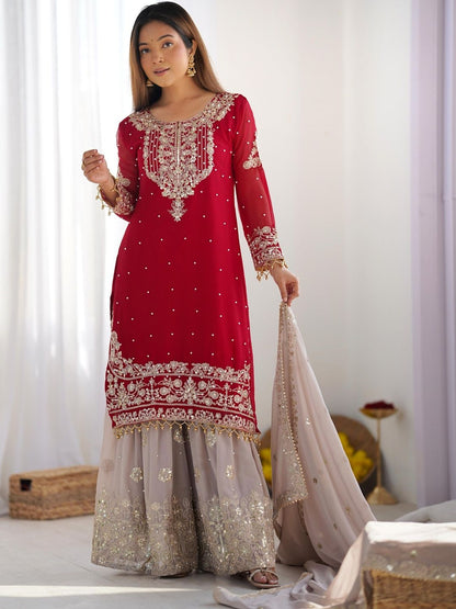 Dhiyona KL Women Embroidered Regular Sequinned Kurta with Sharara & With Dupatta
