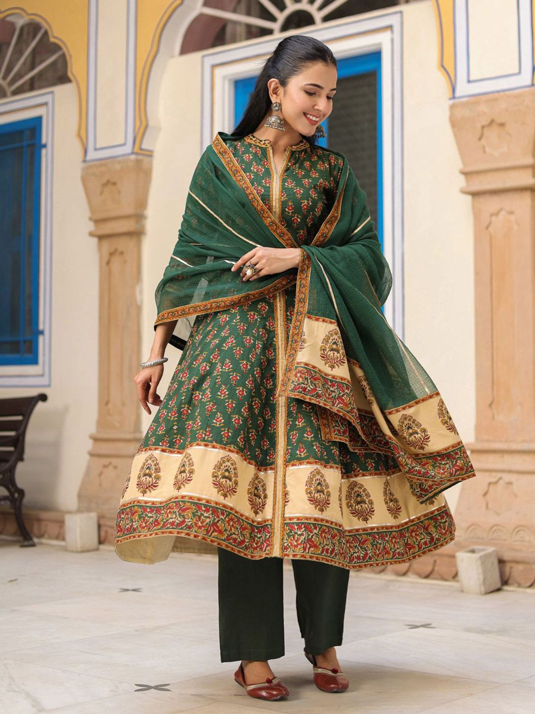 Dhiyona RR Women's Ethnic Motifs Printed Cotton Anarkali Kurta with Trousers & Dupatta