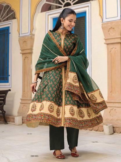 Dhiyona RR Women's Ethnic Motifs Printed Cotton Anarkali Kurta with Trousers & Dupatta