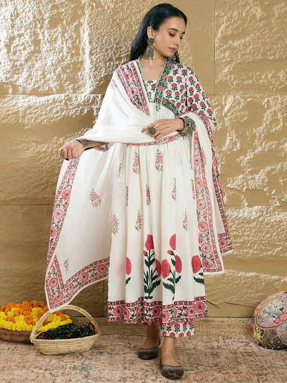 Dhiyona IE Women Ethnic Motifs Printed Pure Cotton Kurta with Trousers & With Dupatta