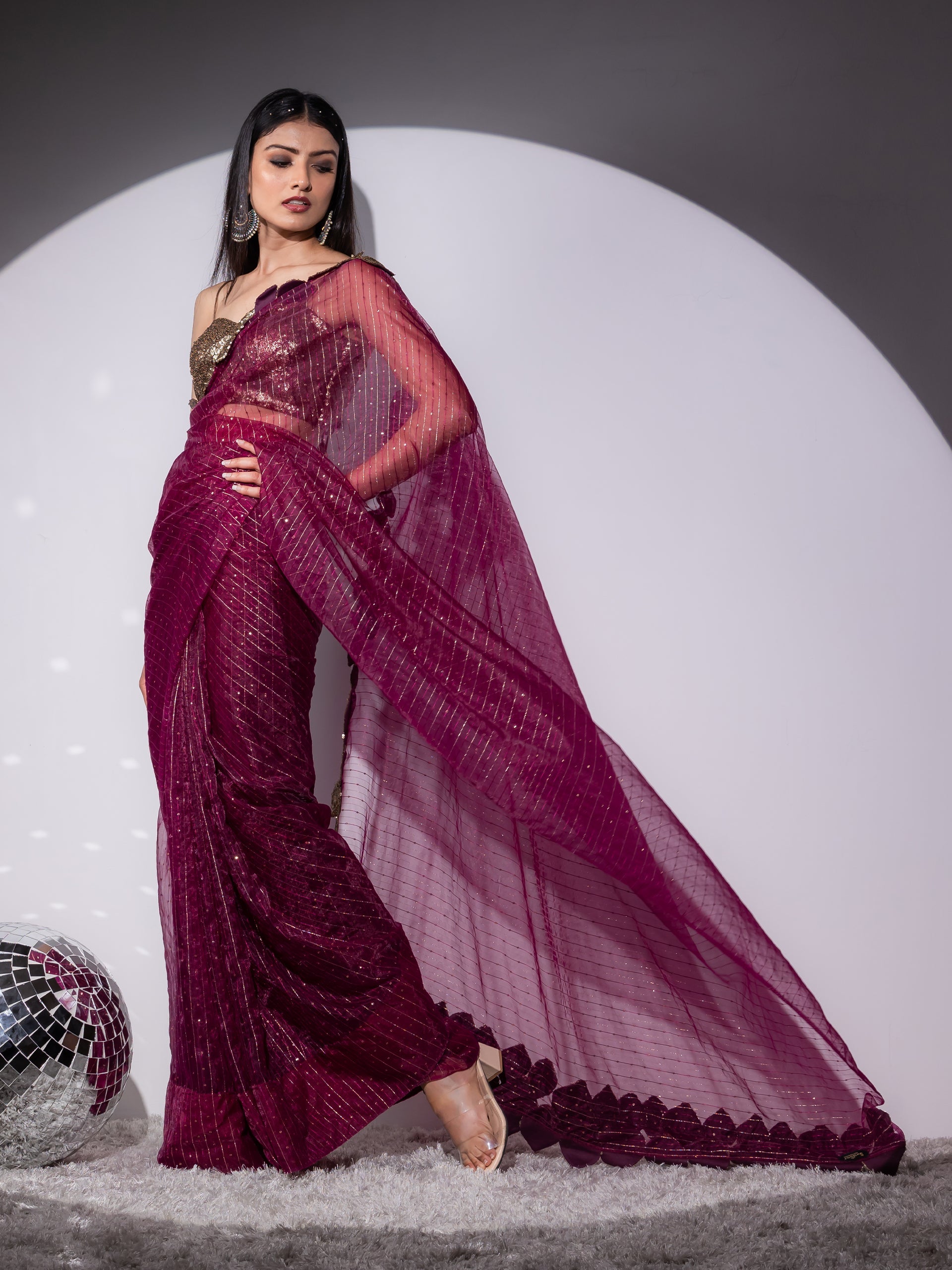 Dhiyona ST Falling leaves Sparkle Wine Saree
