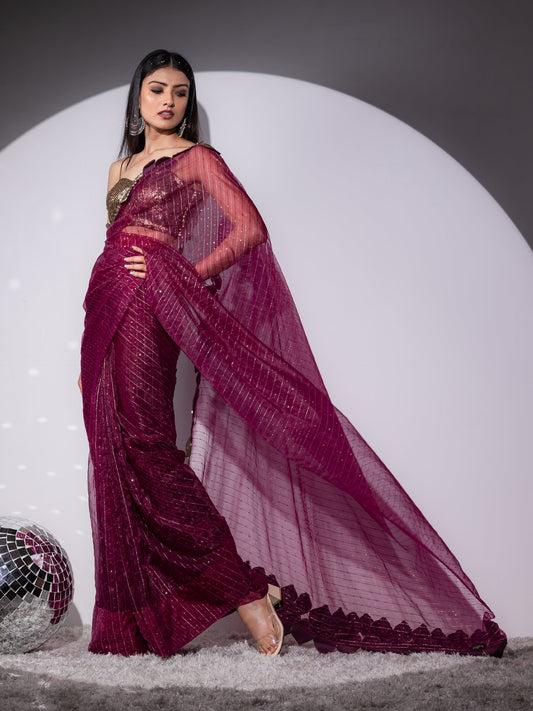 Dhiyona ST Falling leaves Sparkle Wine Saree