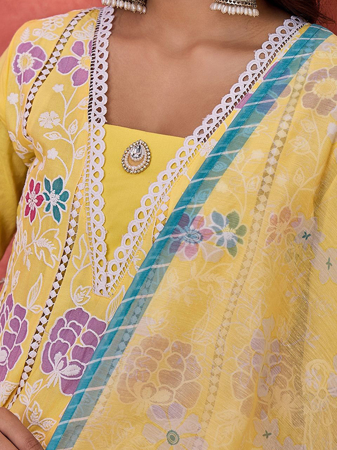 Women Floral Embroidered Cotton Kurta with Trousers & Dupatta