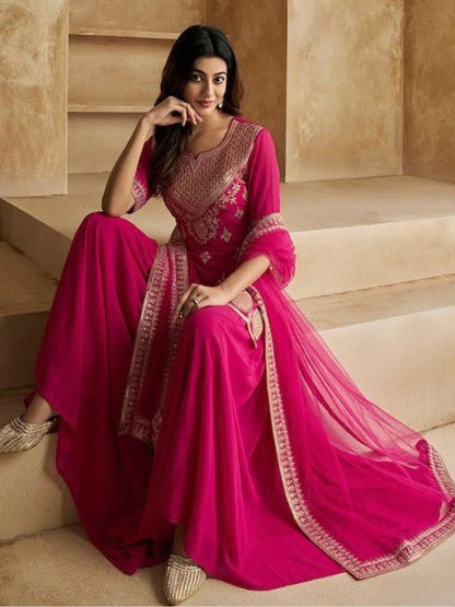 Dhiyona KL Women Ethnic Motifs Embroidered Regular Thread Work Kurti with Palazzos & Dupatta