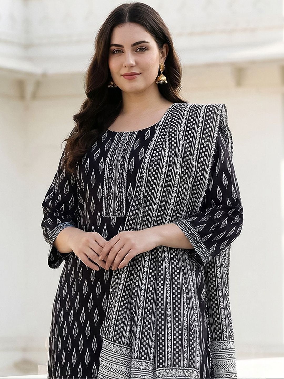 Dhiyona Women's Ethnic Motifs Printed Regular Pure Cotton Kurta with Palazzos & With Dupatta
