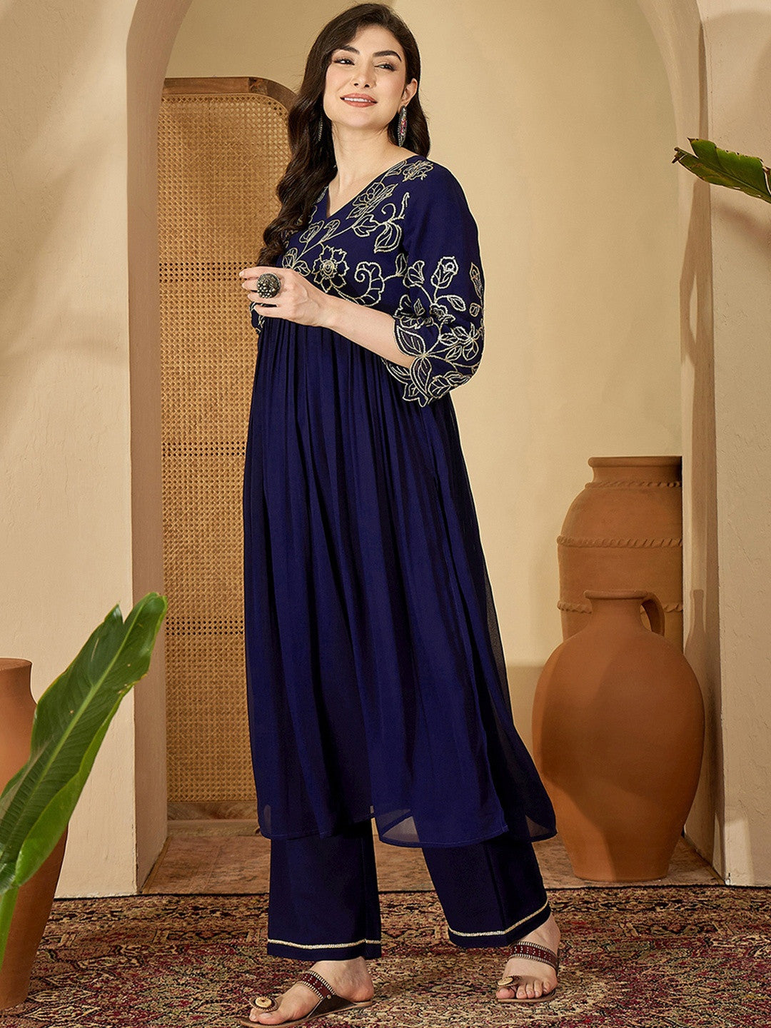 Women Embroidered Poly Georgette Kurta Sets
