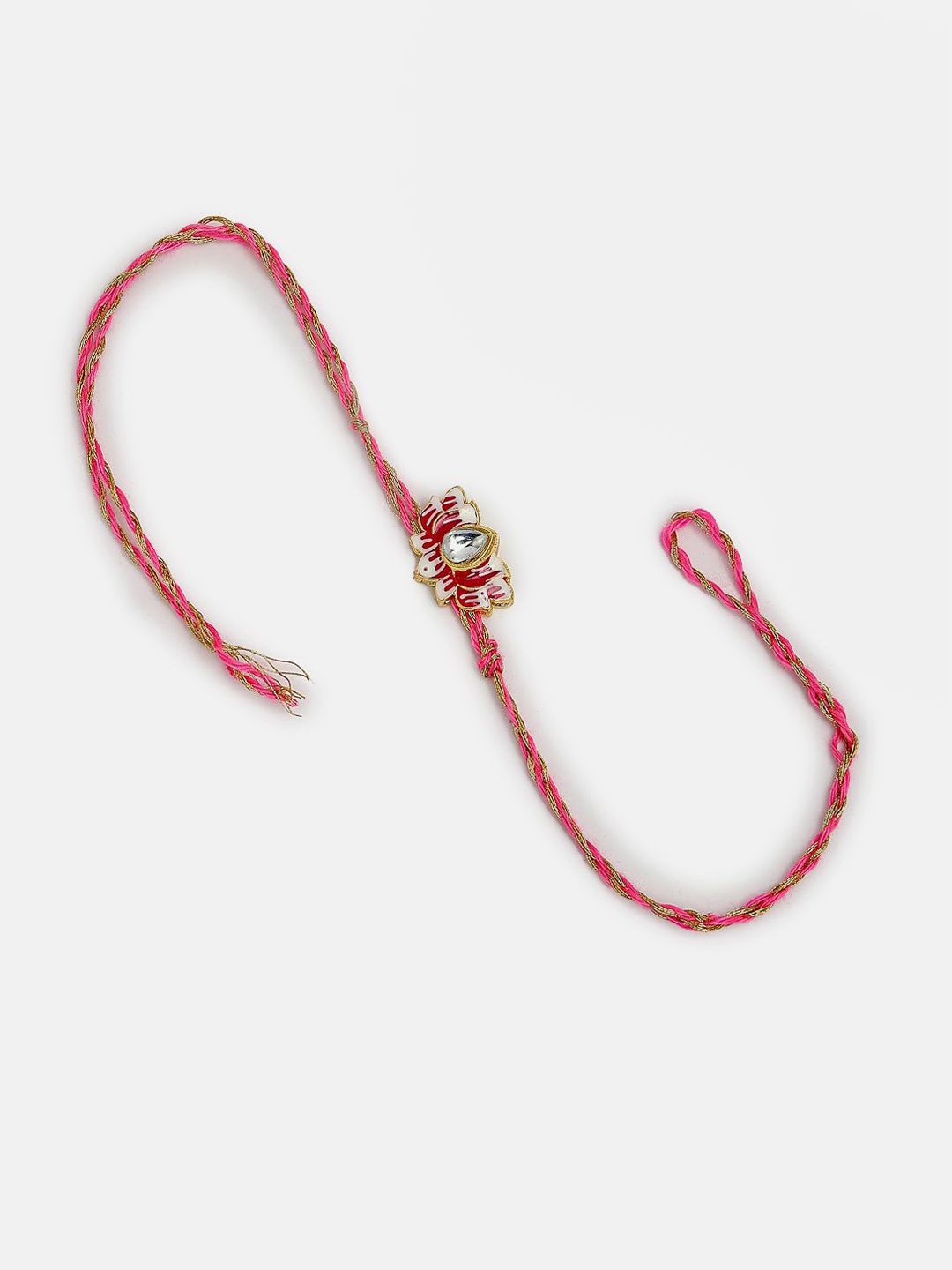 Dhiyona Unisex Set Of 2 Pink Lotus Shape Kundan-Studded & Beaded Wraparound Rakhi Set