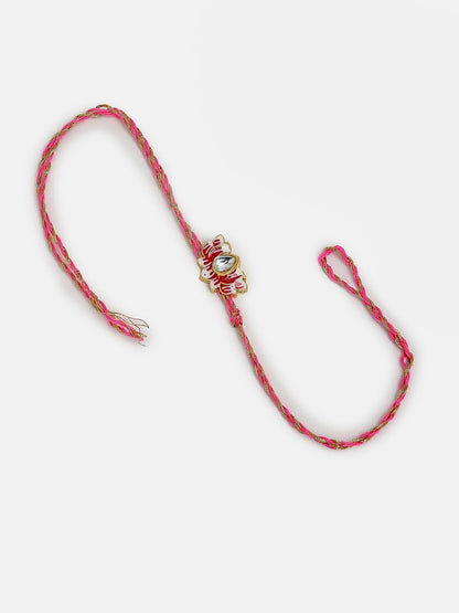 Dhiyona Unisex Set Of 2 Pink Lotus Shape Kundan-Studded & Beaded Wraparound Rakhi Set
