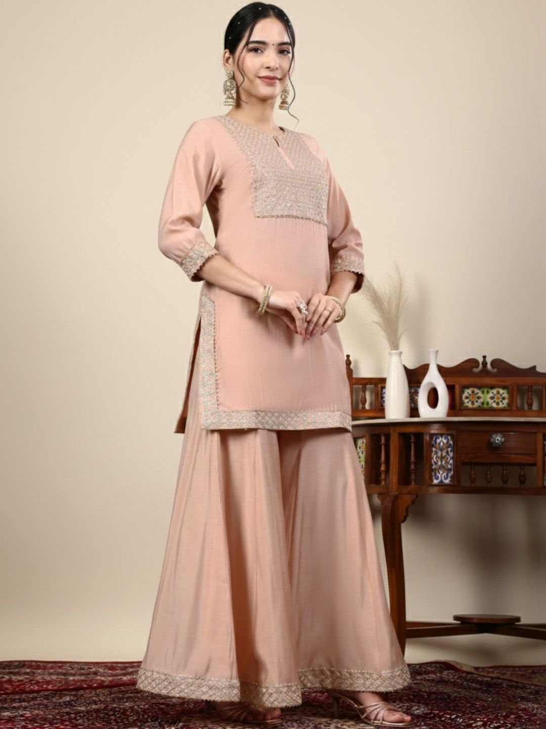 Dhiyona HOP Embroidered Round Neck Kurti & Sharara With Dupatta